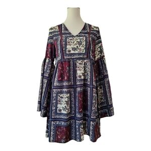 💕Altar’d State Boho Patchwork Long Bell Sleeve Mini Dress Size S New Fall Hippi